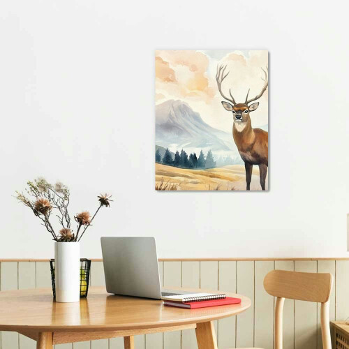 Hirsch-Leinwandbild, Waldlandschaft, Aquarelldruck 1