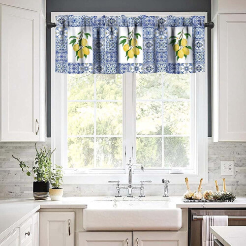 Lemon Window Valance Blue Tiles Design 54x18 inch 2