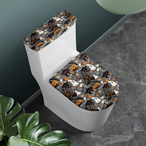Ghost Spider Web Toilet Lid Cover Set Elastic Washable 2