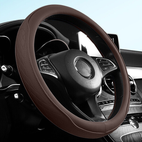 Coffee Thin Leather Steering Wheel Cover Non-Slip Universal 1
