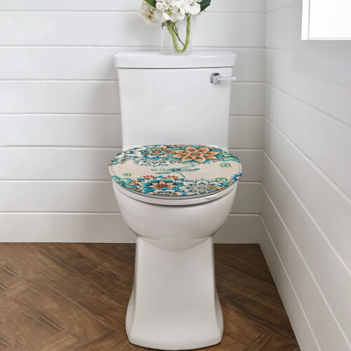 Boho-Toilettendeckelbezug mit Blumen- und Libellenmotiv, elastisch, waschbar 1