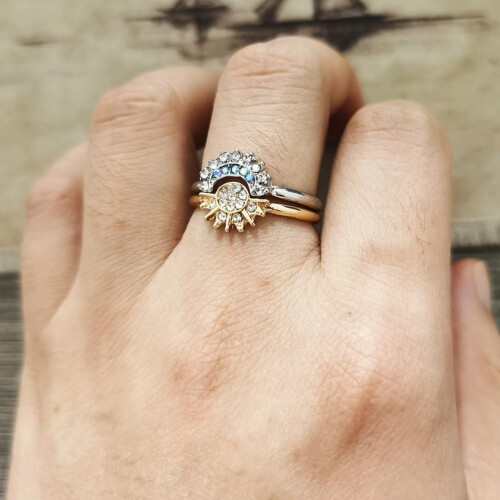 Sun and Moon Ring Set Gold Silver Rhinestones Size 6-11 2