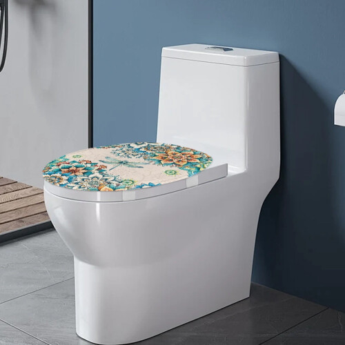 Boho-Toilettendeckelbezug mit Blumen- und Libellenmotiv, elastisch, waschbar 2