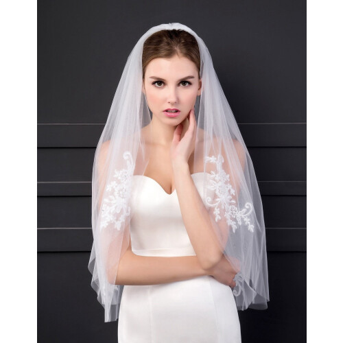 Women's White Wedding Veil with Comb 2-Tier Short 1