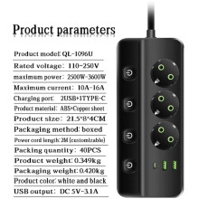 Regleta de Enchufes con 3 Salidas de CA + 2 Puertos USB + 1 Adaptador de Enchufe 6 en 1 Tipo C 2M Enchufe Eléctrico con Enchufe de la UE