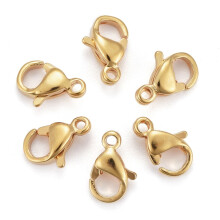 Conjunto de 10 fechos lagosta em aço inoxidável 304 com gatilho em formato de papagaio, banhados a ouro 24K, dimensões de 9x6x3mm e furo de 1mm.