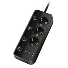 Power Strip with 3 AC Outlets+2 USB +1 Type C 6-in-1 Plug Socket Adapter 2M Electrical Socket EU Plug Black