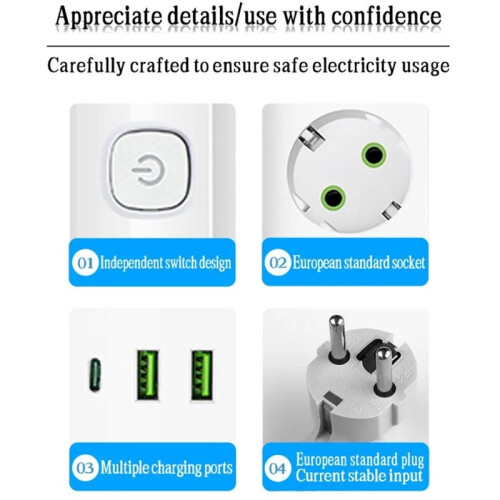 Power Strip with 3 AC Outlets+2 USB +1 Type C 6-in-1 Plug Socket Adapter 2M Electrical Socket EU Plug Black 2