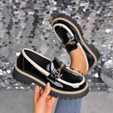 Black Women's Loafers Slip-On Round Toe Shiny Leather EU38