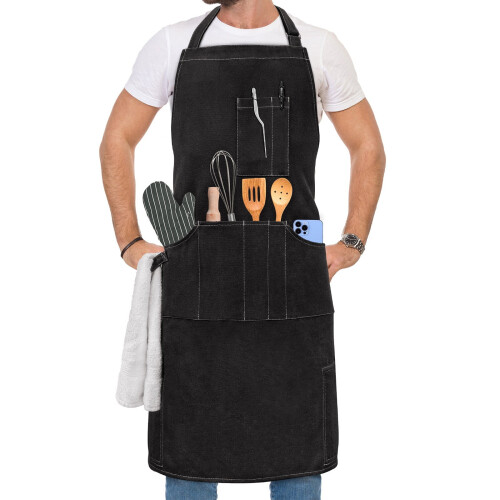 Cotton Canvas Chef Apron Cross-Back Heavy-Duty with Large 1