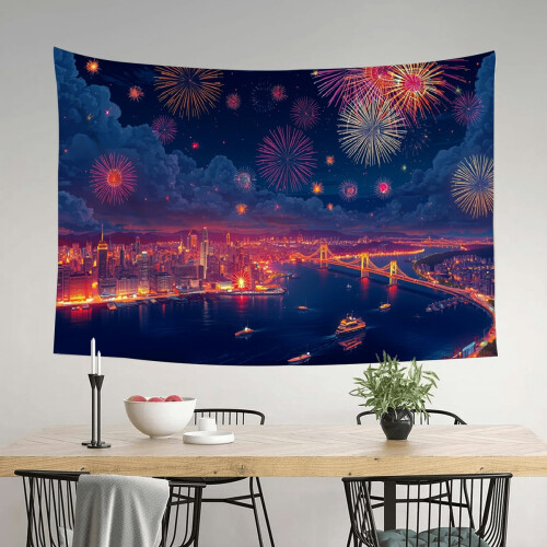 Night Harbor Fireworks Tapestry Modern Urban Nightscape 1