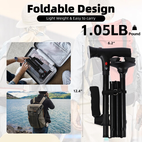 LED Folding Cane with Alarm and Cushioned T-Handle Black 2