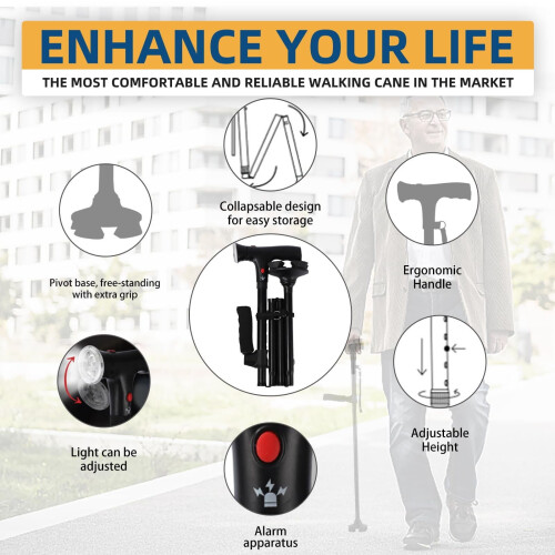 Heavy Duty Folding Walking Cane with LED Light and Alarm 2