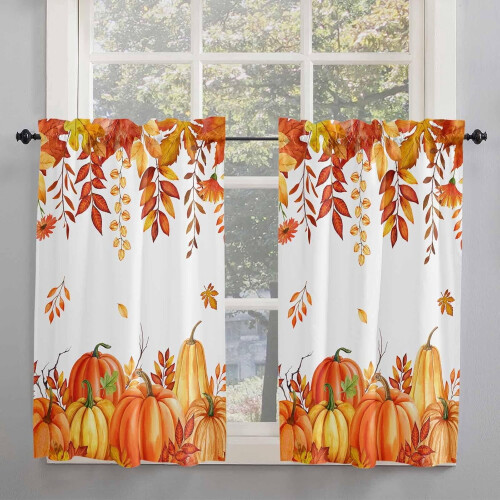 Pumpkin Tier Curtains 52x63" Rustic Orange Red Maple Leaves 1