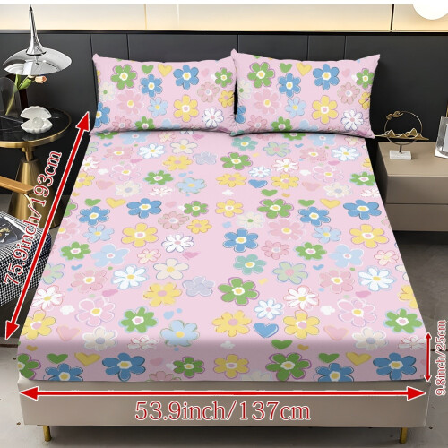 Pink Flower Heart Queen Bed Sheet Set 3-Pc Polyester 1