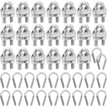 20Pcs M6 Wire Rope Clamps, Stainless Steel Cable Clamps Wire Rope Thimble U Bolt Saddle Fastener