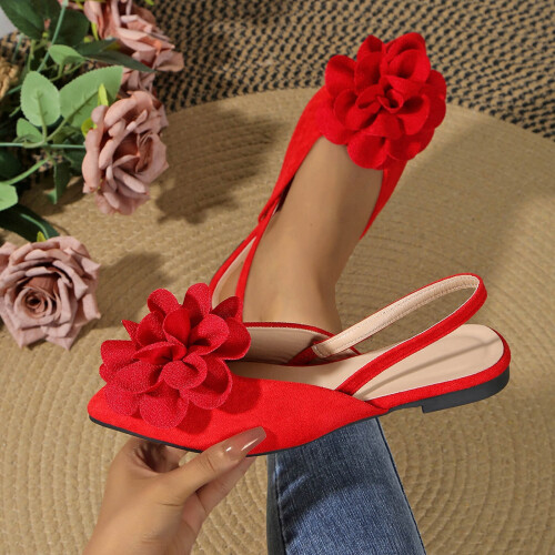 Women's Floral Flat Shoes Pointed Toe Flock Material Size 37 1