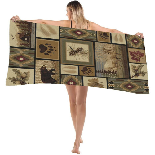 Beach Towel Retro Rustic Moose Deer Bear Leaf Design 1
