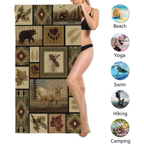 Beach Towel Retro Rustic Moose Deer Bear Leaf Design 2