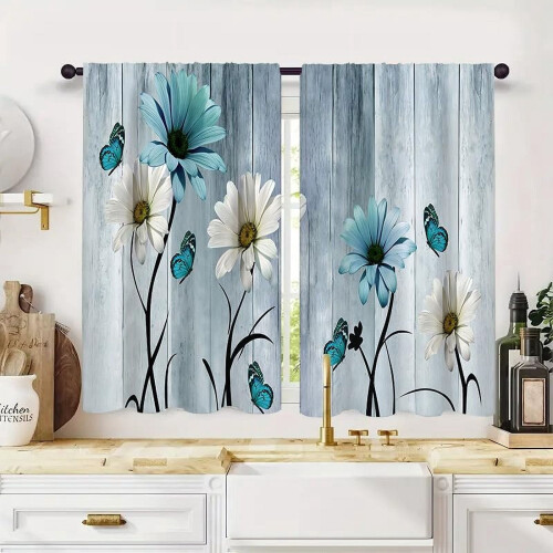 Teal Aqua Daisy Kitchen Curtains 27.5x39 in 2-Panel Rod 1
