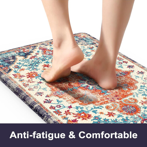 KIMDOE Anti-Fatigue Kitchen Mat Orange Blue Ergonomic Foam 1