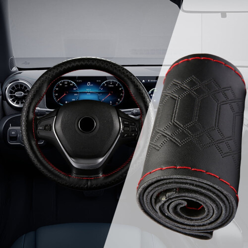 Hand-sewn leather steering wheel wrap with embossed pattern 1