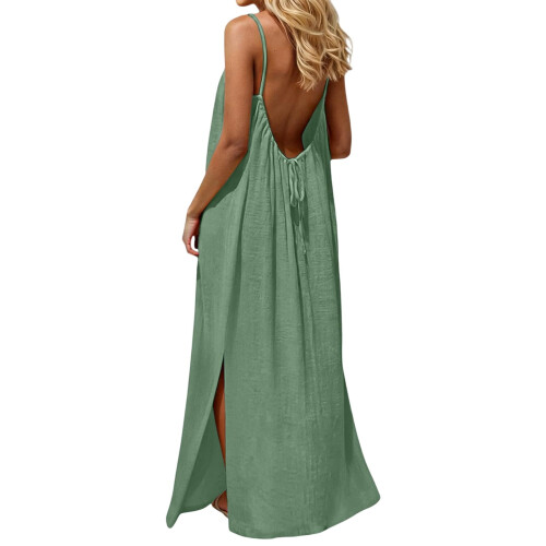 Women's sleeveless backless green flowy dress with split hem 2