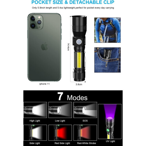 UV Flashlight 1000LM Waterproof Zoomable 3-in-1 Tactical 2