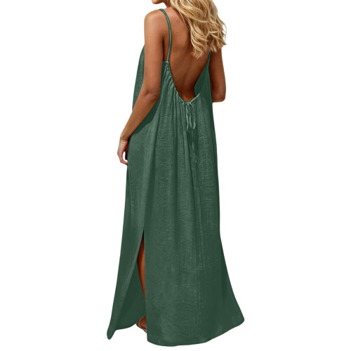 Women's sleeveless backless cami dress green flowy split hem 2