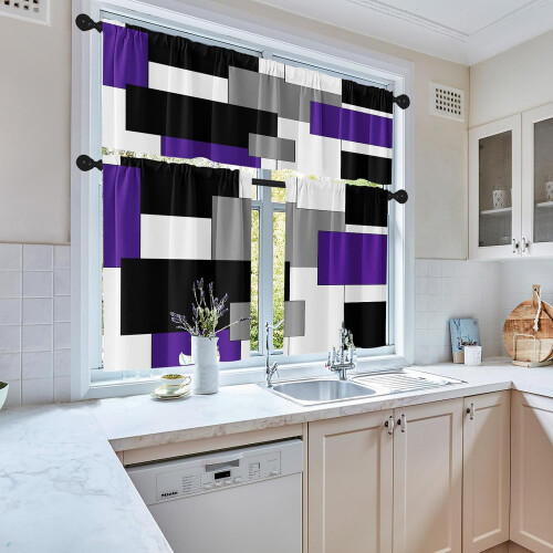 Purple and Grey Kitchen Curtains Set 36 inch 1