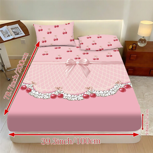 Full Size Sheet Set 3-Piece Pink Cherry Bow Lace 1