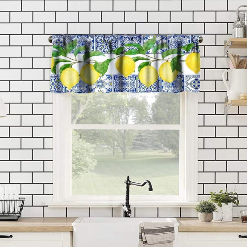 Yellow Lemon Valance Blue Tiles Vintage Rustic Cafe Window 1
