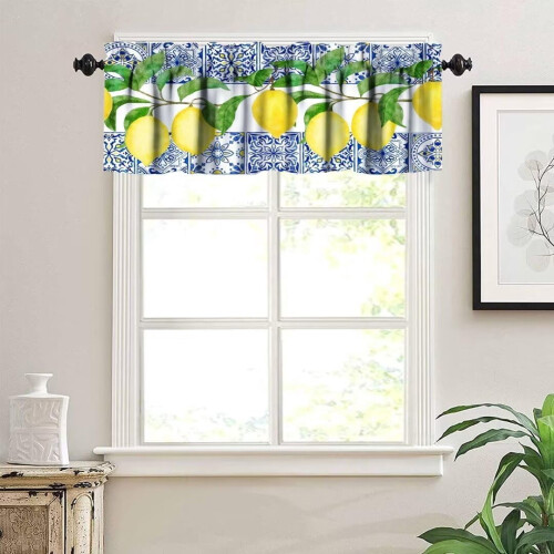 Yellow Lemon Valance Blue Tiles Vintage Rustic Cafe Window 2