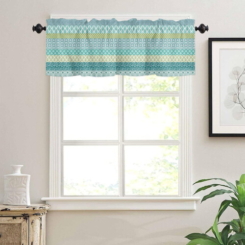 Boho Rod Pocket Curtain Valance Teal Blue Green Geometric 2
