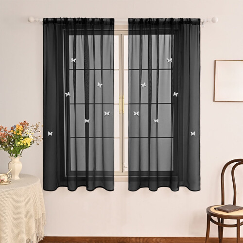 Sheer Curtains Solid Color 40x51 Inch Butterfly Embroidery 2