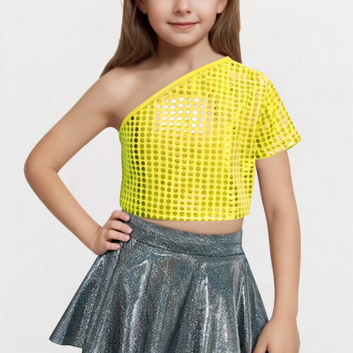 Girls One-Shoulder Short-Sleeve Sequin Crop Top 1