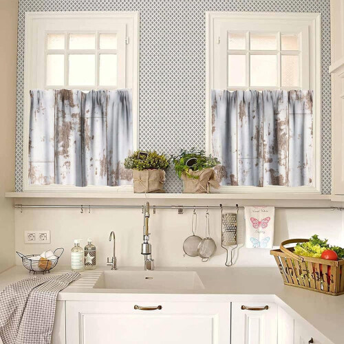 Rustic Window Valance Curtains White Wooden Pattern 3 Piece 1