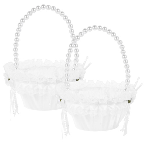 White lace flower girl baskets with silk lining 2-pack 2