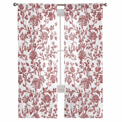 Red Boho Flower Voile Curtains 63 inch L 2 Panels 1