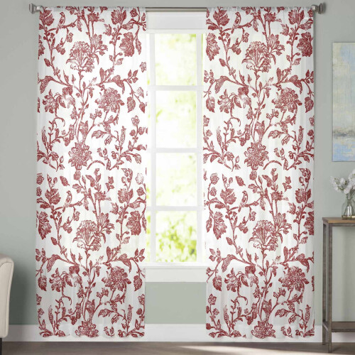 Red Boho Flower Voile Curtains 63 inch L 2 Panels 2