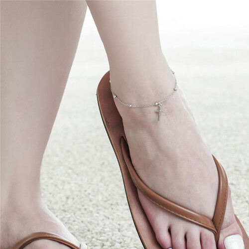 Sterling Silver Christian Cross Anklet for Women Adjustable 2
