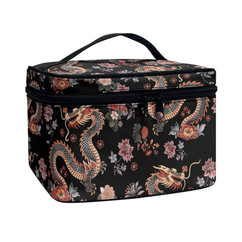 Große Kosmetiktasche mit Drachen- und Blumenmuster 1