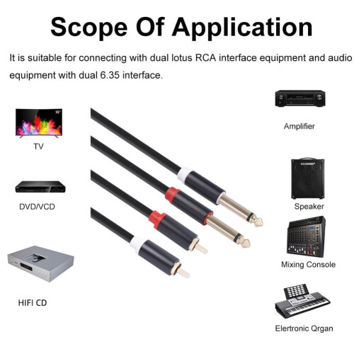 Stereo Audio Interconnect Cable Dual 1/4" TS to Dual RCA 2