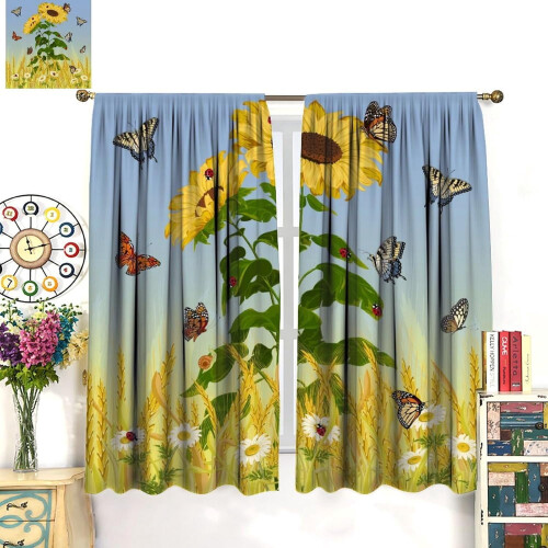 Sunflower Curtains with Butterflies Yellow Rustic Blackout 1