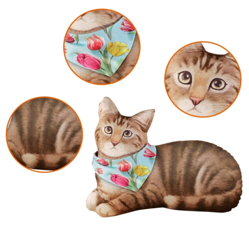 3D Cat Stuffed Throw Pillow with 5 Replaceable Scarves 2