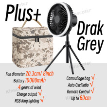 (Dark gray bag) 10000mAh Camping Fan Rechargeable Desktop Portable Circulator Wireless Ceiling Fan With Power Bank LED Lighting Tripod