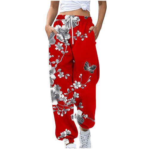 Calça jogger feminina estampada com cordão e blocos de cores. 1