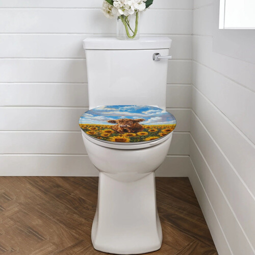 Capa retangular para assento sanitário com estampa de vaca das Terras Altas e girassol (17,3" x 13") 1