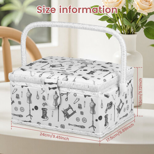 Wooden sewing basket with double layer, removable tray, and 1