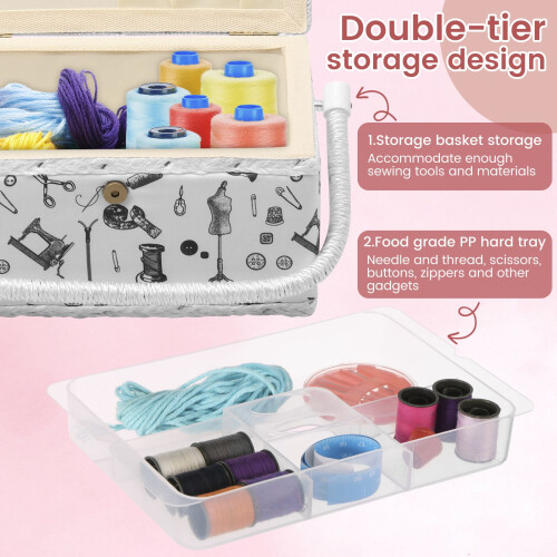 Wooden sewing basket with double layer, removable tray, and 2